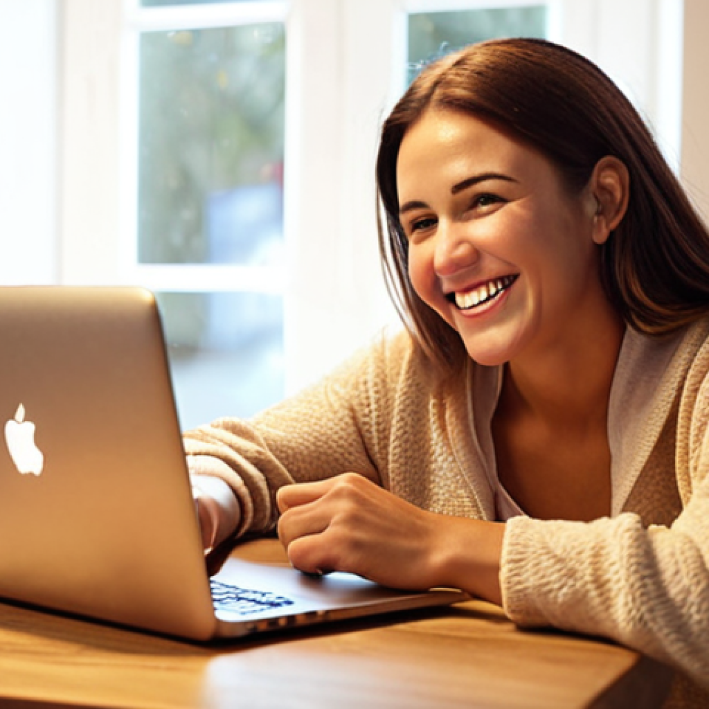 **Smiling freelancer receiving positive feedback from a happy client. Soft, warm lighting. Laptop and coffee on the table.** (Focuses on the positive outcome of client satisfaction).