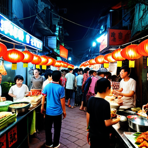 **

"A bustling street food market in Hanoi, Vietnam, at night. Lanterns illuminate the scene, with vendors selling pho, banh mi, and other delicious dishes. Focus on the vibrant colors and the energy of the crowd."

**
