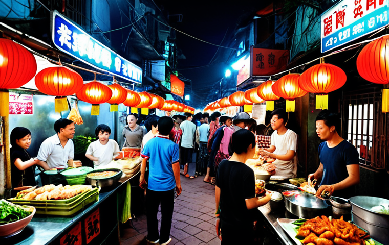 **

"A bustling street food market in Hanoi, Vietnam, at night. Lanterns illuminate the scene, with vendors selling pho, banh mi, and other delicious dishes. Focus on the vibrant colors and the energy of the crowd."

**