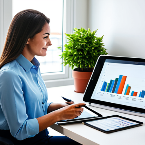A professional individual, fully clothed in a modest business casual outfit, sitting at a sleek, modern desk in a well-lit home office. The person is calmly reviewing financial documents and a digital tablet displaying upward-trending growth charts, with a focused and confident expression. A healthy potted plant symbolizes growth on the desk. The scene is captured with professional photography, high-resolution, sharp focus, and vibrant, inviting colors. safe for work, appropriate content, perfect anatomy, correct proportions, natural pose, well-formed hands, proper finger count, natural body proportions, family-friendly.