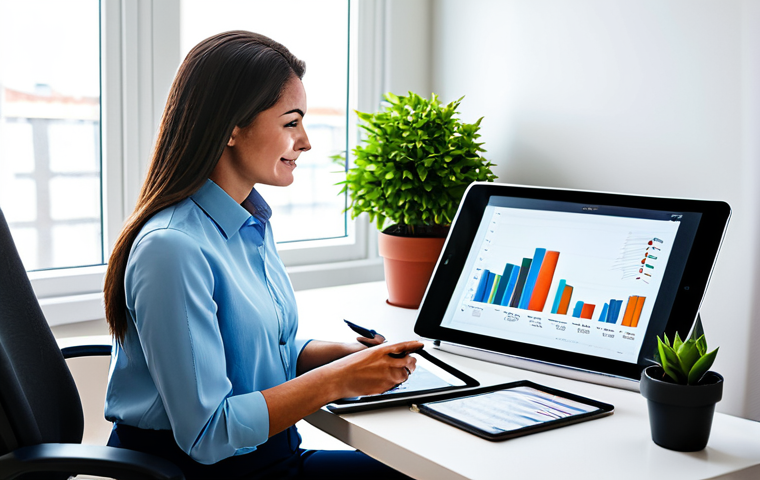 A professional individual, fully clothed in a modest business casual outfit, sitting at a sleek, modern desk in a well-lit home office. The person is calmly reviewing financial documents and a digital tablet displaying upward-trending growth charts, with a focused and confident expression. A healthy potted plant symbolizes growth on the desk. The scene is captured with professional photography, high-resolution, sharp focus, and vibrant, inviting colors. safe for work, appropriate content, perfect anatomy, correct proportions, natural pose, well-formed hands, proper finger count, natural body proportions, family-friendly.