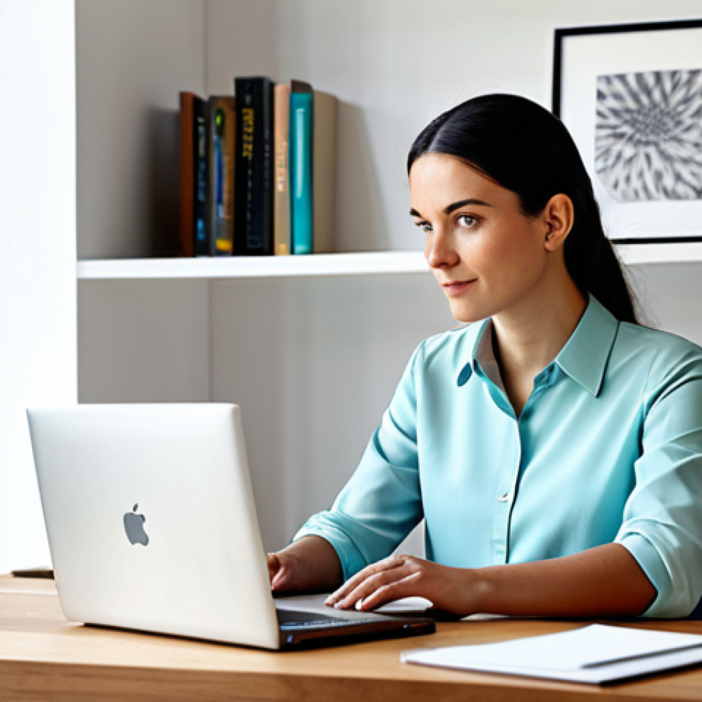 A professional freelance graphic designer, an adult, with a thoughtful expression, dressed in a modest professional blouse and smart trousers, sitting comfortably at a sleek wooden desk in a bright, minimalist home office. They are looking at their open laptop, which displays a creatively designed digital portfolio showcasing various projects with visual storytelling elements. The background includes a neatly organized bookshelf with design books and a small potted plant, suggesting a calm and inspiring workspace. The lighting is soft and natural, emphasizing a professional yet approachable atmosphere. safe for work, appropriate content, fully clothed, professional dress, family-friendly, perfect anatomy, correct proportions, natural pose, well-formed hands, proper finger count, natural body proportions.