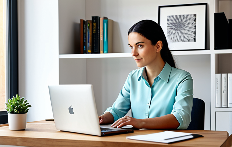 A professional freelance graphic designer, an adult, with a thoughtful expression, dressed in a modest professional blouse and smart trousers, sitting comfortably at a sleek wooden desk in a bright, minimalist home office. They are looking at their open laptop, which displays a creatively designed digital portfolio showcasing various projects with visual storytelling elements. The background includes a neatly organized bookshelf with design books and a small potted plant, suggesting a calm and inspiring workspace. The lighting is soft and natural, emphasizing a professional yet approachable atmosphere. safe for work, appropriate content, fully clothed, professional dress, family-friendly, perfect anatomy, correct proportions, natural pose, well-formed hands, proper finger count, natural body proportions.