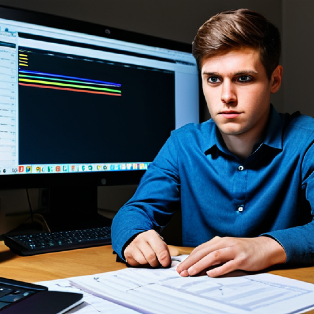 A focused young adult freelancer, fully clothed in modest, comfortable attire, looking slightly tired but determined, surrounded by multiple open applications on a glowing computer screen in a slightly cluttered home office late at night. Papers, a half-empty coffee mug, and a visible calendar with many deadlines are on the desk, illustrating the challenge of work-life imbalance and the pressure of self-employment. perfect anatomy, correct proportions, well-formed hands, proper finger count, natural body proportions, professional photography, high quality, safe for work, appropriate content, fully clothed, professional.