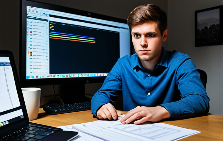 A focused young adult freelancer, fully clothed in modest, comfortable attire, looking slightly tired but determined, surrounded by multiple open applications on a glowing computer screen in a slightly cluttered home office late at night. Papers, a half-empty coffee mug, and a visible calendar with many deadlines are on the desk, illustrating the challenge of work-life imbalance and the pressure of self-employment. perfect anatomy, correct proportions, well-formed hands, proper finger count, natural body proportions, professional photography, high quality, safe for work, appropriate content, fully clothed, professional.