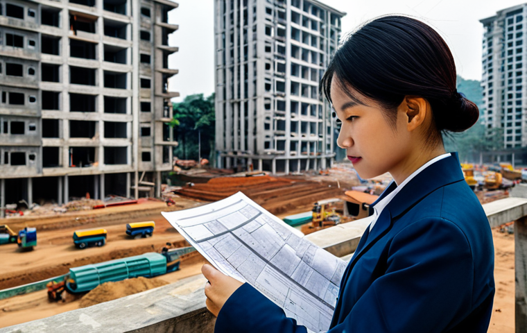 프리랜서로서의 고객 피드백 수집 방법 - ** A professional female architect, fully clothed in a modest, stylish outfit, reviewing blueprints ...