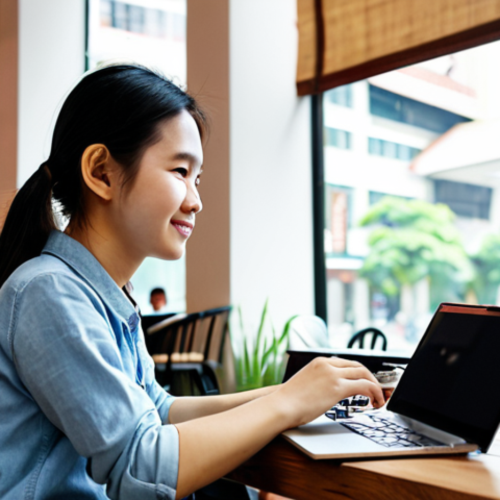 프리랜서와 정규직의 워크 라이프 밸런스 비교 - Freelancer at a cafe**
A young Vietnamese freelancer wearing comfortable, casual clothes, working o...