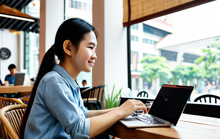 프리랜서와 정규직의 워크 라이프 밸런스 비교 - Freelancer at a cafe**
A young Vietnamese freelancer wearing comfortable, casual clothes, working o...