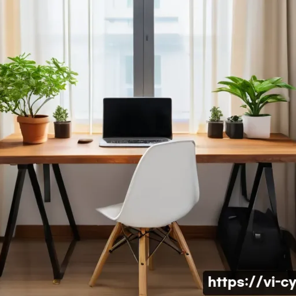 프리랜서로 성공하기 위한 시간 관리 방법 - A cozy and modern home office setup in a Vietnamese apartment, featuring a minimalist wooden desk wi...