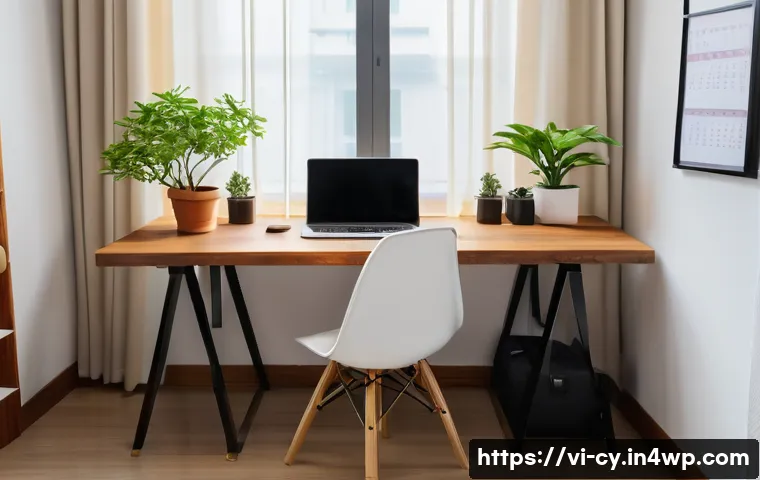 프리랜서로 성공하기 위한 시간 관리 방법 - A cozy and modern home office setup in a Vietnamese apartment, featuring a minimalist wooden desk wi...