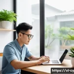프리랜서 인디자이너로서의 성공 전략 - A modern Vietnamese freelancer workspace scene showing a young professional designer in casual smart...