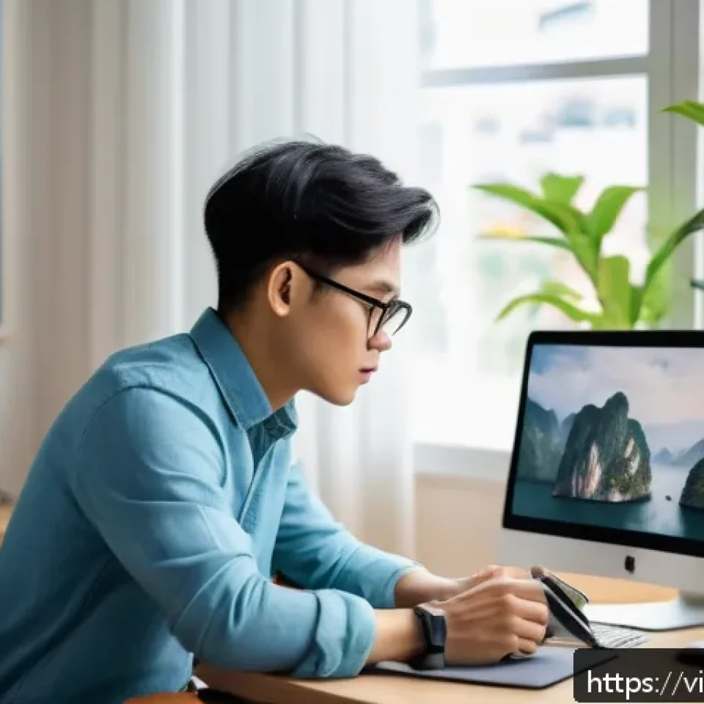 프리랜서의 시간당 요금 정하기 - A young Vietnamese freelancer working diligently at a modern home office desk, surrounded by design ...
