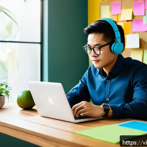 프리랜서의 성공적인 프로젝트 관리 방법 - A modern Vietnamese freelancer working in a cozy home office setting, surrounded by Vietnamese cultu...