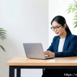 프리랜서로서의 고객 기대치 조정 방법 - A professional Vietnamese freelancer sitting at a modern wooden desk with a laptop, notebook, and sm...